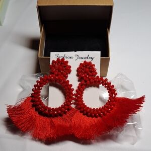 Red Beaded Fringe Earrings
